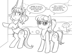 Size: 1280x984 | Tagged: safe, artist:nauth, copper top, oc, oc:twinkle bun, earth pony, goat, pony, g4, ask, beach, bikini, bipedal, clothes, fourth wall, monochrome, swimsuit, tumblr