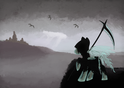 Size: 1024x731 | Tagged: safe, artist:rautaketju13, grim reaper, scenery, scythe