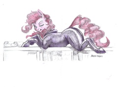 Size: 2552x3510 | Tagged: safe, artist:baron engel, color edit, edit, pinkie pie, earth pony, pony, g4, butt, colored, female, high res, latex, latex suit, looking at you, mare, pencil drawing, plot, solo, traditional art