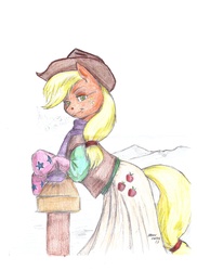 Size: 2552x3510 | Tagged: safe, artist:baron engel, color edit, edit, applejack, g4, clothes, colored, female, high res, pencil drawing, solo, traditional art