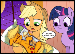 Size: 807x580 | Tagged: safe, artist:heir-of-rick, artist:madmax, edit, applejack, twilight sparkle, alicorn, pony, g4, body pillow, cute, dialogue, golden oaks library, implied shipping, inception, silly, silly pony, snuggling, sweat, twilight sparkle (alicorn), we need to go deeper, who's a silly pony