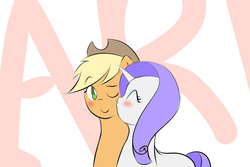 Size: 1024x683 | Tagged: safe, artist:yuwentaiji, applejack, rarity, g4, blushing, eyes closed, female, kissing, lesbian, offscreen rarijack, ship:rarijack, shipping