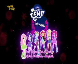 Size: 704x576 | Tagged: safe, screencap, applejack, fluttershy, pinkie pie, rainbow dash, rarity, sunset shimmer, equestria girls, g4, my little pony equestria girls: friendship games, official, albanian, bang bang, channel, dubbing, female, logo, my little pony logo, song reference, translated in the description