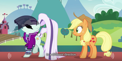 Size: 640x320 | Tagged: safe, artist:mlp-captions, screencap, applejack, coloratura, pony, g4, the mane attraction, countess coloratura, meme, youtube caption