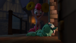 Size: 3840x2160 | Tagged: safe, artist:praisebeelzebub, lyra heartstrings, pinkie pie, pony, g4, 3d, bipedal, cymbals, faic, grin, high res, musical instrument, open mouth, prone, sleeping, smiling, source filmmaker, this will end in deafness