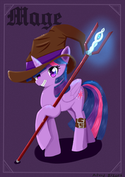 Size: 848x1200 | Tagged: safe, artist:ailynd, twilight sparkle, alicorn, pony, g4, blackletter, female, grin, hat, mage, magic staff, shadow, smiling, solo, staff, straps, twilight sparkle (alicorn), wizard hat