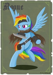Size: 848x1200 | Tagged: safe, artist:ailynd, rainbow dash, pony, g4, bipedal, blackletter, bracer, cape, clothes, dagger, dual wield, female, headband, pouch, rogue, shadow, smiling, solo, spread wings, tattered, weapon