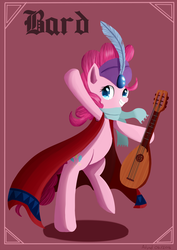 Size: 848x1200 | Tagged: safe, artist:ailynd, pinkie pie, pony, g4, bard, bard pie, bipedal, blackletter, cape, clothes, fantasy class, feather, female, grin, lute, musical instrument, scarf, shadow, smiling, solo
