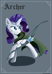 Size: 848x1200 | Tagged: safe, artist:ailynd, rarity, pony, unicorn, g4, archer, arrow, blackletter, bow (weapon), bow and arrow, cape, clothes, ear piercing, earring, female, grin, jewelry, looking over shoulder, magic, piercing, quiver, shadow, smiling, solo, telekinesis, weapon