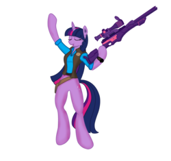 Size: 900x845 | Tagged: safe, artist:munkari, twilight sparkle, unicorn, semi-anthro, g4, bipedal, bottomless, clothes, cutie mark, eyes closed, female, gun, hooves, horn, mare, open mouth, optical sight, parody, rifle, simple background, smiling, sniper, sniper (tf2), sniper rifle, solo, team fortress 2, transparent background, twilight sniper, weapon