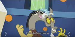 Size: 640x319 | Tagged: safe, artist:mlp-captions, screencap, discord, g4, what about discord?, discovery family logo, food, meme, orange, youtube caption