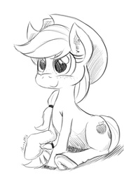 Size: 826x1169 | Tagged: safe, artist:darkhestur, applejack, earth pony, pony, g4, female, freckles, grayscale, hat, monochrome, simple background, sitting, sketch, smiling, solo, underhoof, white background