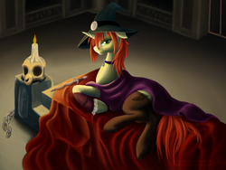 Size: 1600x1200 | Tagged: safe, artist:adalbertus, oc, oc only, oc:amber drop, altar, bedroom eyes, candle, chains, clothes, collar, dagger, dress, halloween, hat, looking at you, see-through, skull, smiling, socks, solo, stockings, weapon, witch hat