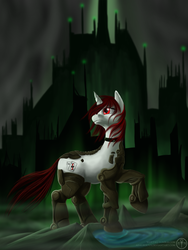 Size: 1200x1600 | Tagged: safe, artist:adalbertus, oc, oc only, oc:blackjack, cyborg, pony, unicorn, fallout equestria, fallout equestria: project horizons, amputee, collar, cybernetic legs, level 2 (project horizons), solo
