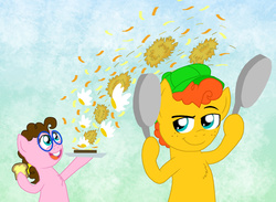 Size: 1280x936 | Tagged: safe, artist:crazynutbob, oc, oc only, oc:fudge fondue, oc:pizza pockets, bread, breakfast sandwich, cheese, egg (food), father's day, food, hashbrowns, next generation, offspring, parent:cheese sandwich, parent:pinkie pie, parents:cheesepie, toast
