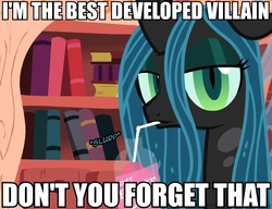Size: 650x500 | Tagged: safe, artist:mixermike622, queen chrysalis, tumblr:ask fluffle puff, g4, best villain, changeling feeding, drink, female, image macro, love, meme, opinion, solo