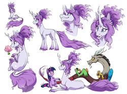 Size: 1700x1250 | Tagged: safe, artist:heilos, discord, tree of harmony, twilight sparkle, oc, oc:harmony (heilos), alicorn, classical unicorn, draconequus, pony, g4, cloven hooves, female, flower, flower in hair, flower in tail, horn, leonine tail, male, mare, ponified, simple background, twilight sparkle (alicorn), unshorn fetlocks, white background