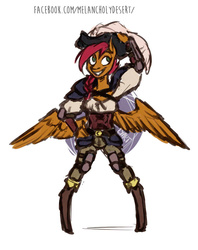 Size: 837x1055 | Tagged: safe, artist:lya, oc, oc only, oc:muzzle, pegasus, anthro, unguligrade anthro, armor, colored, digital art, female, hat, kezsüel, pirate, post-apocalyptic, solo, standing, wings
