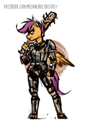 Size: 658x945 | Tagged: safe, artist:lya, scootaloo, g4, armor, baseball bat, female, grumpy, kezsüel, military, post-apocalyptic, roleplaying, solo, standing