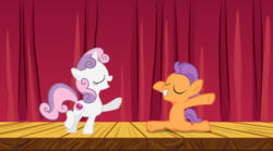 Size: 1024x571 | Tagged: safe, artist:thefanficfanpony, sweetie belle, tender taps, earth pony, unicorn, g4, backwards cutie mark, colt, cutie mark, duo, duo male and female, eyes closed, female, filly, foal, grin, horn, male, open mouth, shipping, smiling, stage, straight, tenderbelle, the cmc's cutie marks, vector