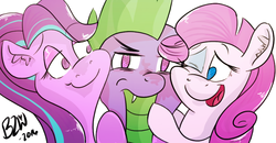 Size: 808x419 | Tagged: safe, artist:bow2yourwaifu, rarity, spike, starlight glimmer, dragon, g4, annoyed, cute, female, hug, male, otp, rarisparlight, ship:sparity, ship:sparlight, shipping, spike gets all the mares, straight