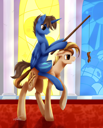 Size: 4900x6050 | Tagged: safe, artist:rebeccabluebreeze, oc, oc only, oc:headlong flight, alicorn, earth pony, pony, absurd resolution, alicorn oc, bacon, commission, duo, food, meat, ponies eating meat, ponies riding ponies, riding, stick