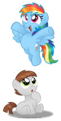 Size: 635x1258 | Tagged: safe, artist:aleximusprime, rainbow dash, oc, oc:dreamer, g4, alternate hairstyle, awe, colt, cute, dashabetes, filly, filly rainbow dash, male, ocbetes, rainmer, simple background, transparent background, underhoof, younger