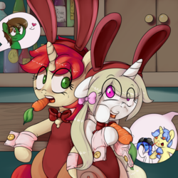 Size: 2400x2400 | Tagged: safe, artist:emberkaese, artist:fullmetalpikmin, oc, oc only, oc:cherry blossom, oc:mal, oc:swift streak, oc:velvet pastry, oc:viewing pleasure, pony, unicorn, blood, bunny ears, bunny girl, bunny suit, carrot, clothes, congenital amputee, eating, female, food, herbivore, high res, nosebleed, velvetstreak