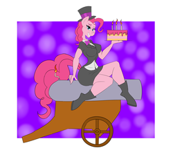 Size: 4549x4128 | Tagged: safe, artist:vladiverse, pinkie pie, earth pony, anthro, unguligrade anthro, g4, absurd resolution, breasts, busty pinkie pie, cake, cannon, clothes, female, food, solo