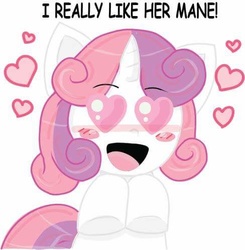 Size: 488x498 | Tagged: safe, artist:chibi-cat-girl101, artist:pinkamena-chan, sweetie belle, pony, g4, :d, anime, blush sticker, blushing, cute, diasweetes, female, heart, heart eyes, i really like her mane, open mouth, smiling, solo, want it need it, wingding eyes