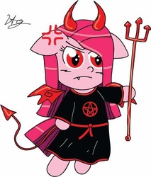 Size: 526x616 | Tagged: dead source, safe, artist:chibi-cat-girl101, artist:pinkamena-chan, pinkie pie, devil, earth pony, pony, g4, bipedal, cross-popping veins, devil pinkie pie, female, hoof hold, mare, pinkamena diane pie, signature, simple background, solo, white background