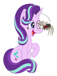 Size: 1936x2592 | Tagged: safe, artist:squipycheetah, fuzzy legs, starlight glimmer, arachnid, pony, spider, unicorn, g4, cute, duo, female, glimmerbetes, happy, mare, one eye closed, open mouth, raised hoof, salute, simple background, sitting, smiling, spiderbro, transparent background, vector, wink