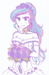 Size: 1808x2765 | Tagged: safe, artist:deeemperor, princess celestia, human, g4, blushing, bouquet, breasts, bride, cleavage, clothes, dress, female, humanized, looking at you, smiling, smiling at you, solo, wedding dress