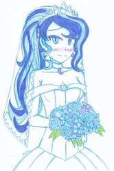 Size: 1821x2746 | Tagged: safe, artist:deeemperor, princess luna, human, g4, blushing, bouquet, clothes, dress, female, humanized, partial color, solo, wedding dress