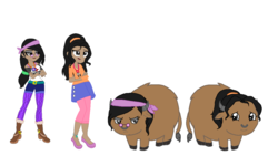 Size: 1274x762 | Tagged: safe, artist:obeliskgirljohanny, artist:selenaede, oc, oc only, oc:honey willow, oc:witch hazel, bison, buffalo, human, equestria girls, g4, black hair, boot, boots, buffalo oc, clothes, dark skin, equestria girls-ified, feather, female, flats, glasses, grey eyeshadow, hipster, hipster fashion, jewelry, leather, leather boots, looking at you, looking away, native american, necklace, ponytail, shoes, siblings, sisters, skirt, smiling