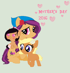 Size: 465x483 | Tagged: safe, artist:obeliskgirljohanny, artist:selenaede, oc, oc only, oc:raspberry rose, oc:strawberry rose, oc:sunny rose, earth pony, pony, female, filly, foal, mare, mother and daughter, parent:raspberry rose, siblings, sisters, trio, trio female