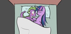 Size: 1024x497 | Tagged: safe, artist:yuwentaiji, spike, twilight sparkle, alicorn, pony, g4, bed, blushing, female, husband and wife, male, ship:twispike, shipping, straight, twilight sparkle (alicorn)