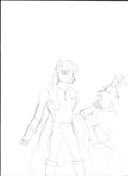 Size: 2550x3507 | Tagged: safe, artist:guywhodoesdraws, caribou, anthro, fall of equestria, crossover, female, high res, mare, monochrome, one punch man, rise of equestria, saitama, traditional art