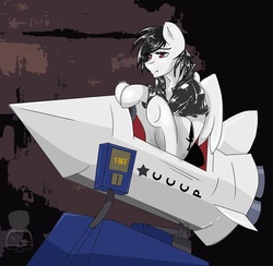 Size: 960x937 | Tagged: safe, artist:cjsclopcorner, oc, oc only, oc:revi stiletto, alternate cutie mark, cccp, clothes, kiddie ride, leather jacket, rocket, solo