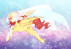 Size: 1280x884 | Tagged: safe, artist:cloud-up, oc, oc only, oc:solweig, pegasus, pony, eyes closed, flying, ribbon, solo, wedding veil