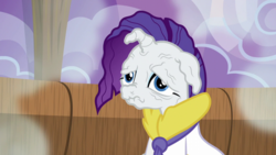 Size: 640x360 | Tagged: safe, screencap, rarity, pony, applejack's "day" off, g4, my little pony: friendship is magic, body horror, female, mare, prunity, pruny, solo, vein, wrinkles