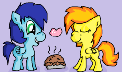 Size: 741x440 | Tagged: safe, artist:anissa1999, soarin', spitfire, pony, g4, female, food, male, pie, ship:soarinfire, shipping, straight, that pony sure does love pies