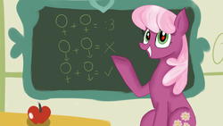 Size: 1280x720 | Tagged: safe, artist:jbond, cheerilee, earth pony, pony, g4, :3, anti-gay, apple, chalkboard, comments locked down, double standard, explaining the fandom, female, female symbol, food, homophobia, hypocrisy, insane troll logic, male symbol, mare, misandry, school, smiling, solo, style emulation, symbol, tradition, truth, we are going to hell