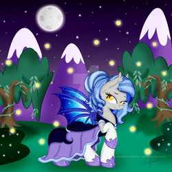 Size: 1024x1024 | Tagged: safe, artist:pvrii, oc, oc only, oc:midnight radiance, bat pony, firefly (insect), pony, clothes, dress, female, mare, night, obtrusive watermark, raised hoof, solo, watermark