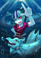 Size: 600x850 | Tagged: safe, artist:tzc, sonata dusk, siren, equestria girls, g4, bubble, crepuscular rays, cute, duo, female, gem, head in hooves, one eye closed, self ponidox, siren gem, underwater, wink