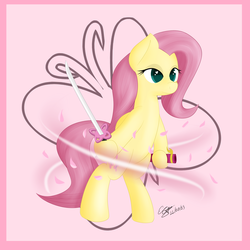 Size: 4000x4000 | Tagged: safe, artist:icy wings, fluttershy, pony, g4, absurd resolution, bipedal, female, katana, solo, sword, weapon, wingding eyes