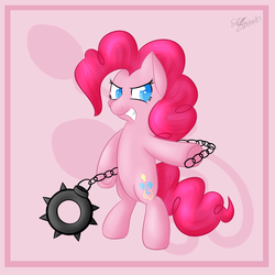 Size: 4000x4000 | Tagged: safe, artist:icy wings, pinkie pie, g4, absurd resolution, chains, donut steel, female, pun, solo, spiked wheel, visual pun, weapon