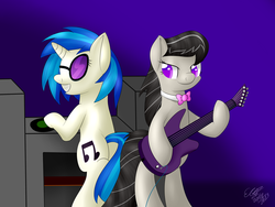 Size: 4000x3000 | Tagged: safe, artist:icy wings, dj pon-3, octavia melody, vinyl scratch, pony, g4, bipedal, guitar, turntable