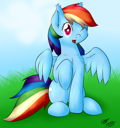 Size: 1336x1426 | Tagged: safe, artist:icy wings, rainbow dash, g4, cute, female, raised hoof, solo, wink