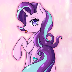 Size: 2000x2000 | Tagged: safe, artist:fluttershy-wins, starlight glimmer, pony, g4, female, high res, looking at you, raised hoof, raspberry, silly, sitting, solo, tongue out